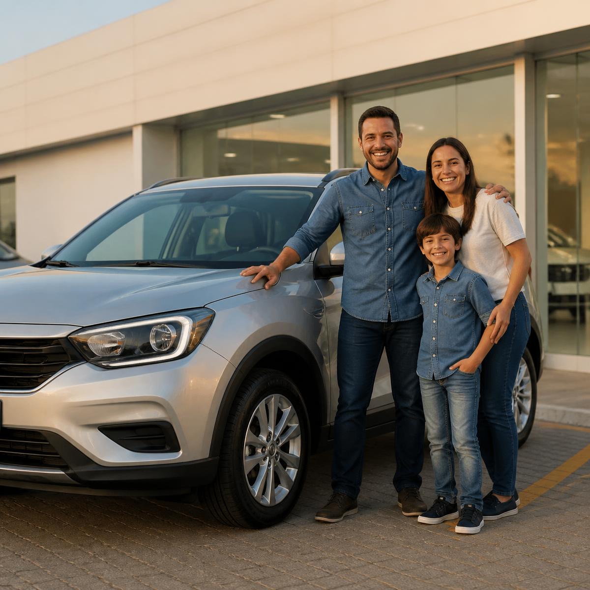 Família comemorando o novo carro conquistado pelo consórcio